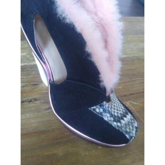 ASOS Vintage Retro Glam 2015 Chunk Heel Snakeskin Pink Fur Accent MCM Art Deco - Picture 6 of 6